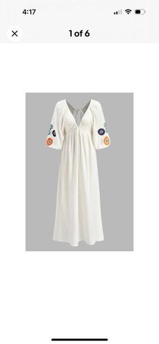 Commense Womens Small White Backless Embroidery V-Neck Floral Short Sleeve Dress