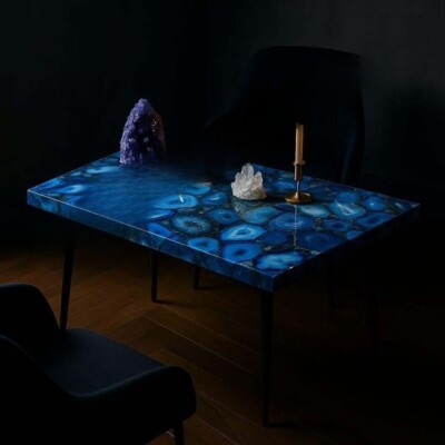 Blue Agate Coffee Table   Natural Geode Stone Slab   Luxury Boho Furniture