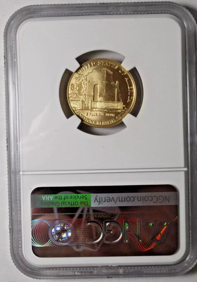 2007 W $5 Jamestown Anniversary Gold BU Coin NGC MS70 Mercanti RARE POP 10 - Image 2 of 2