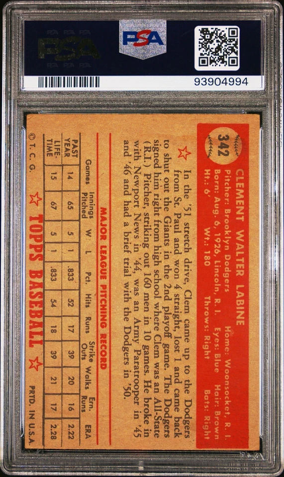 1952 Topps MLB High Series Clem Labine #342 Baseball Brooklyn Dodgers PSA 4 - Image 2 of 2