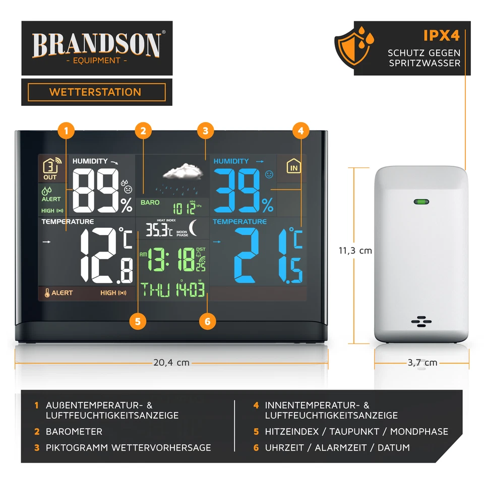 Brandson Funk Wetterstation mit Außensensor DCF Signal DST Barometer Prognose - Bild 3 von 4