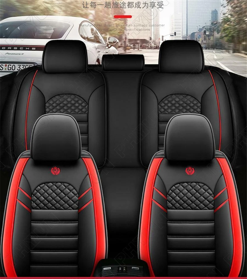 Conjunto completo universal universal de capas de assento de couro ecológico preto vermelho carro 5 lugares - Imagem 2 de 4