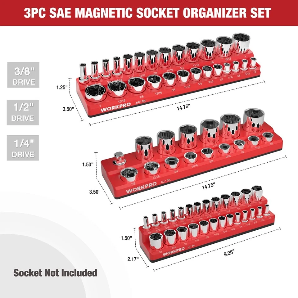 WORKPRO 3PCS Magnetic Socket Organizer Set SAE 1/4" 3/8" 1/2" Drive Socket Trays - Image 3 of 4