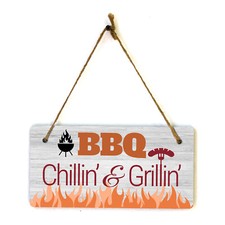 BBQ Chillin'  Grillin' 5x10 Hanging Plus Wall or Door Sign  Funny Home Decor