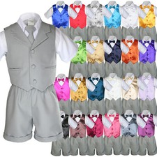 6 pcs Gray Shorts Boy Infant Toddler Formal Wear  a Satin Vest Bowtie Suit