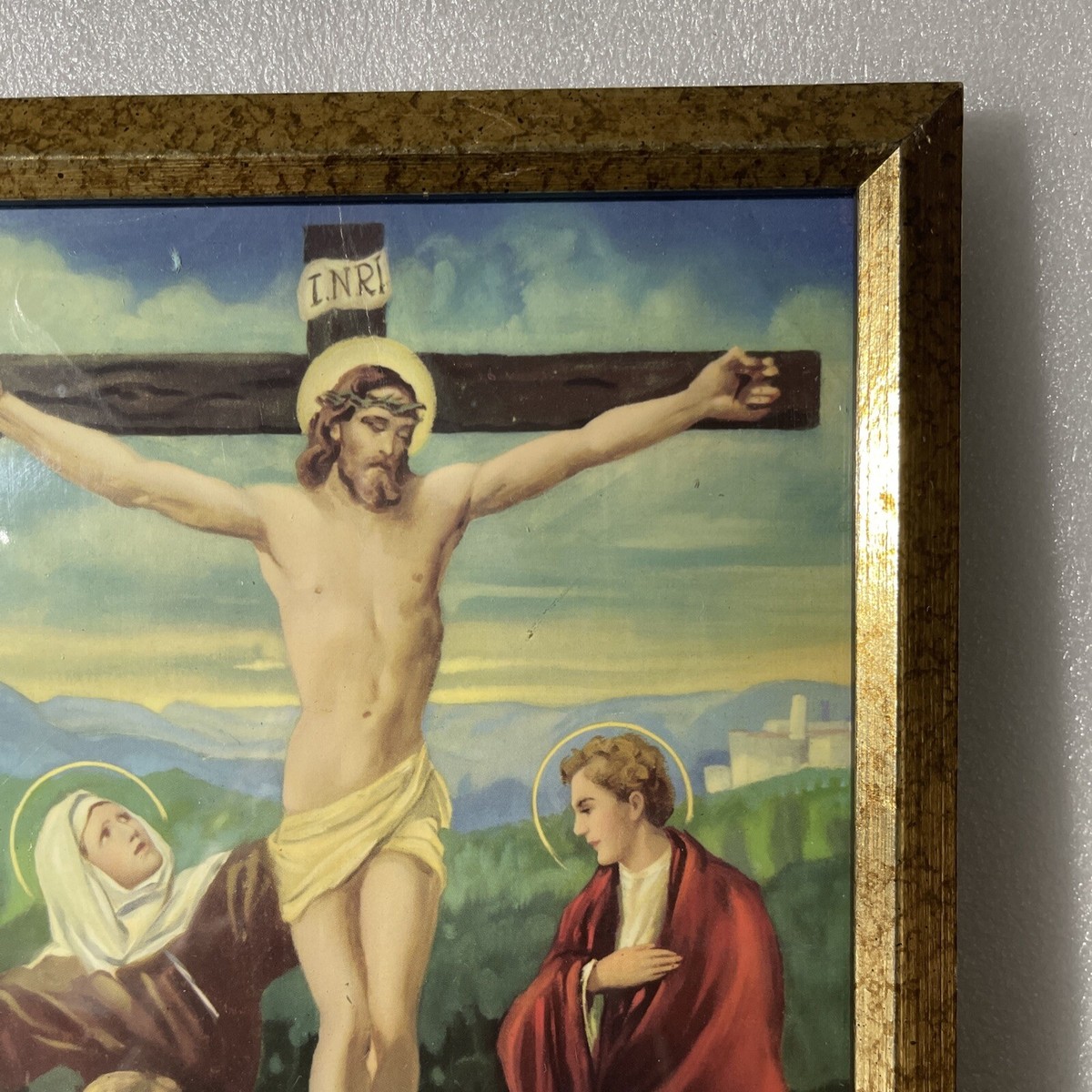 イエス・キリスト ヴィンテージ 絵画 額縁 蚤の市 INRI 十字架 アート