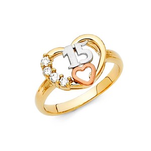 Dual-Heart-11mm-15-Anos-Quinceanera-14k-Tri-Tone-Gold-Ring-CZ-Corazon-Oro-Anillo