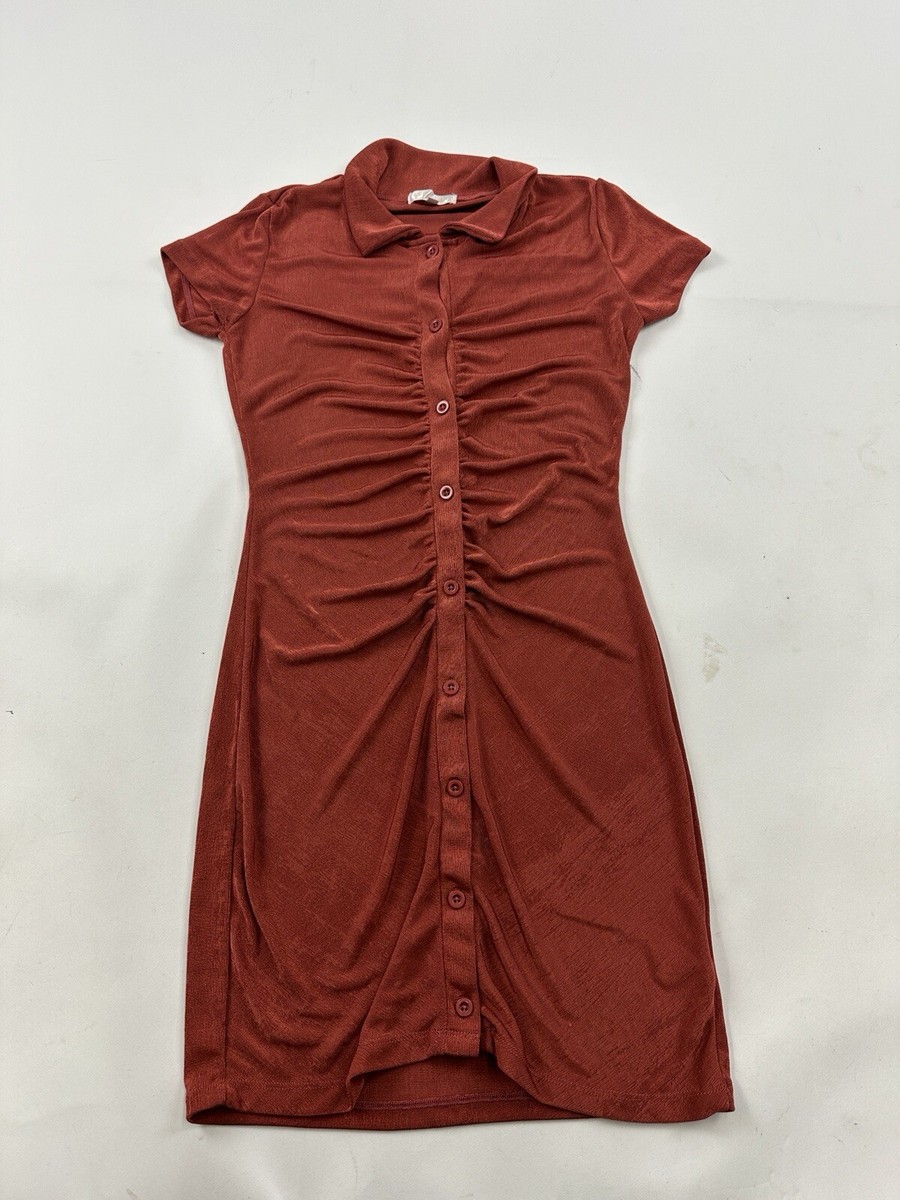 brown ruched button up dress Long Sleeve Button Down Ruched Shirt Dress In Brown | EGO US