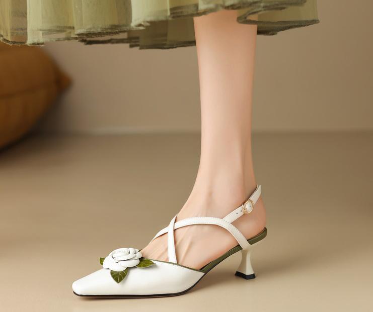 Womens New Fashion Pointy Toe Flowers Cross Ankle Strap Sandals Kitten Mid  Heels