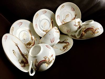 10 Stück japanische 30er Jahre Lithophanie Geisha Mädchen Drachen Ware Porzellan Tassen & Untertassen