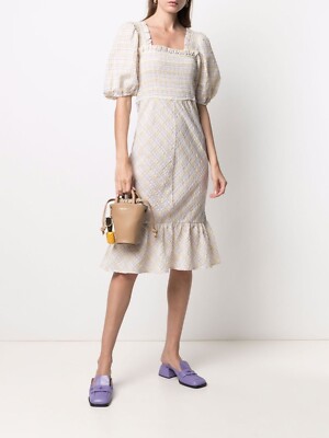 ganni seersucker check midi dress GANNI Checkered Seersucker Shirred Midi Dress Multicolour Size 40