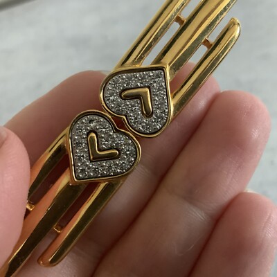 Vintage Monet Double Rhinestone Heart Bar Pin Gold Tone