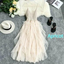 Women Lolita Ruffle Mesh Dresses V Neck Knit Cami Tulle Elastic Fairy Prom Gown