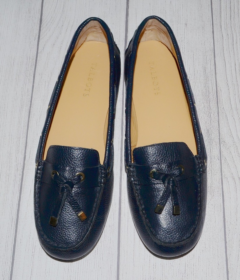 Talbots Easton Navy Blue Grommet Moccasin Pebbled Leather Driving