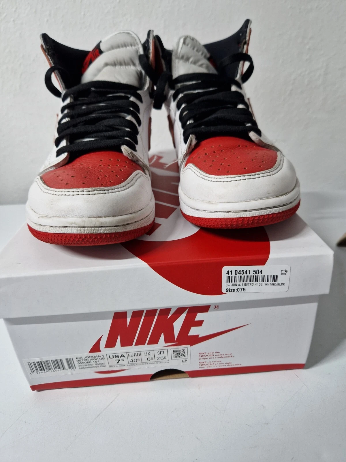 NIKE AIR JORDAN 1 RETRO OG BIANCO ROSSO UNIVERSITARIO TAGLIA 6 5UK APPENA INDOSSATO IN SCATOLA