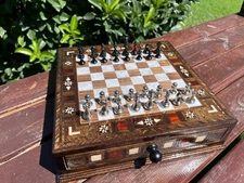 Handmade Pearl & Wood Chess Set with Metal Pieces and Storage Drawer 25cm