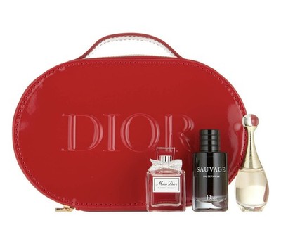 DIOR RED PATENT MAKEUP BAG 4PC SET/JADORE/MISS DIOR BLOOMING BOUQUET/SAUVAGE EDP