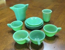 Green like Jadeite, 10 piece mini childs dish set. Not sure on namebrand.