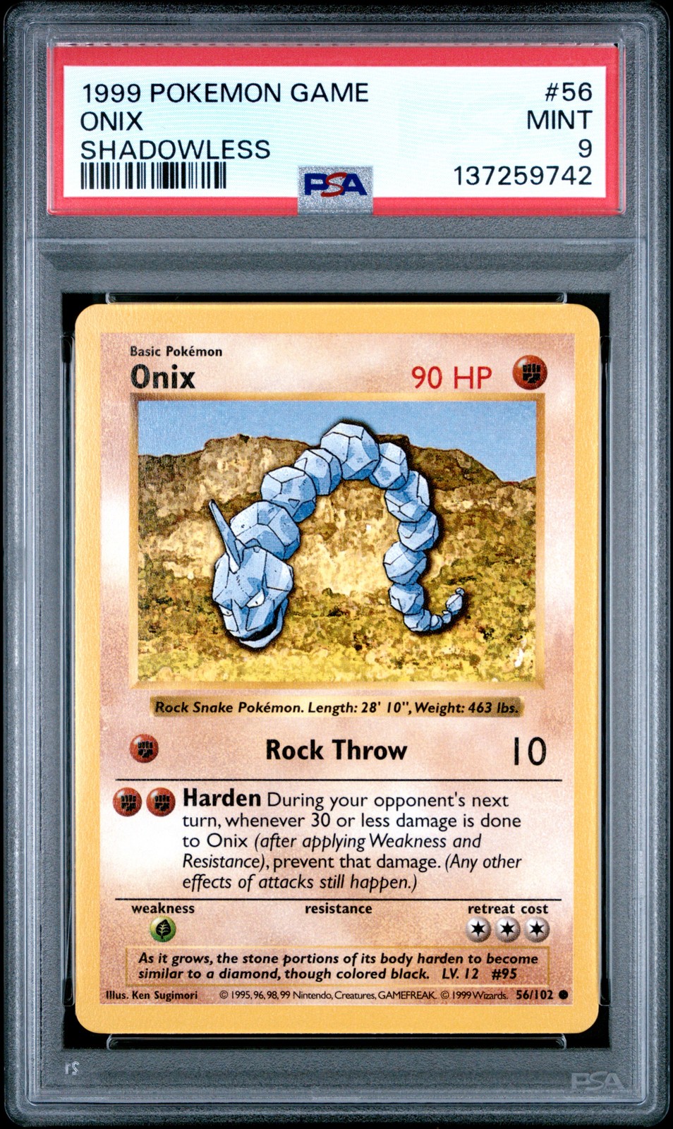 1999 POKEMON BASE SET SHADOWLESS #56 ONIX PSA 9