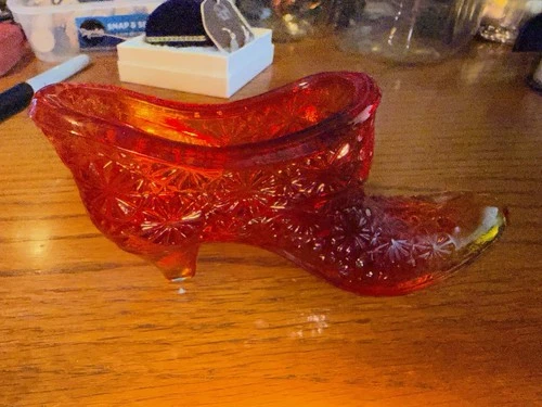 Vintage Fenton Red Art Glass Slipper Shoe Cat Head Figurine