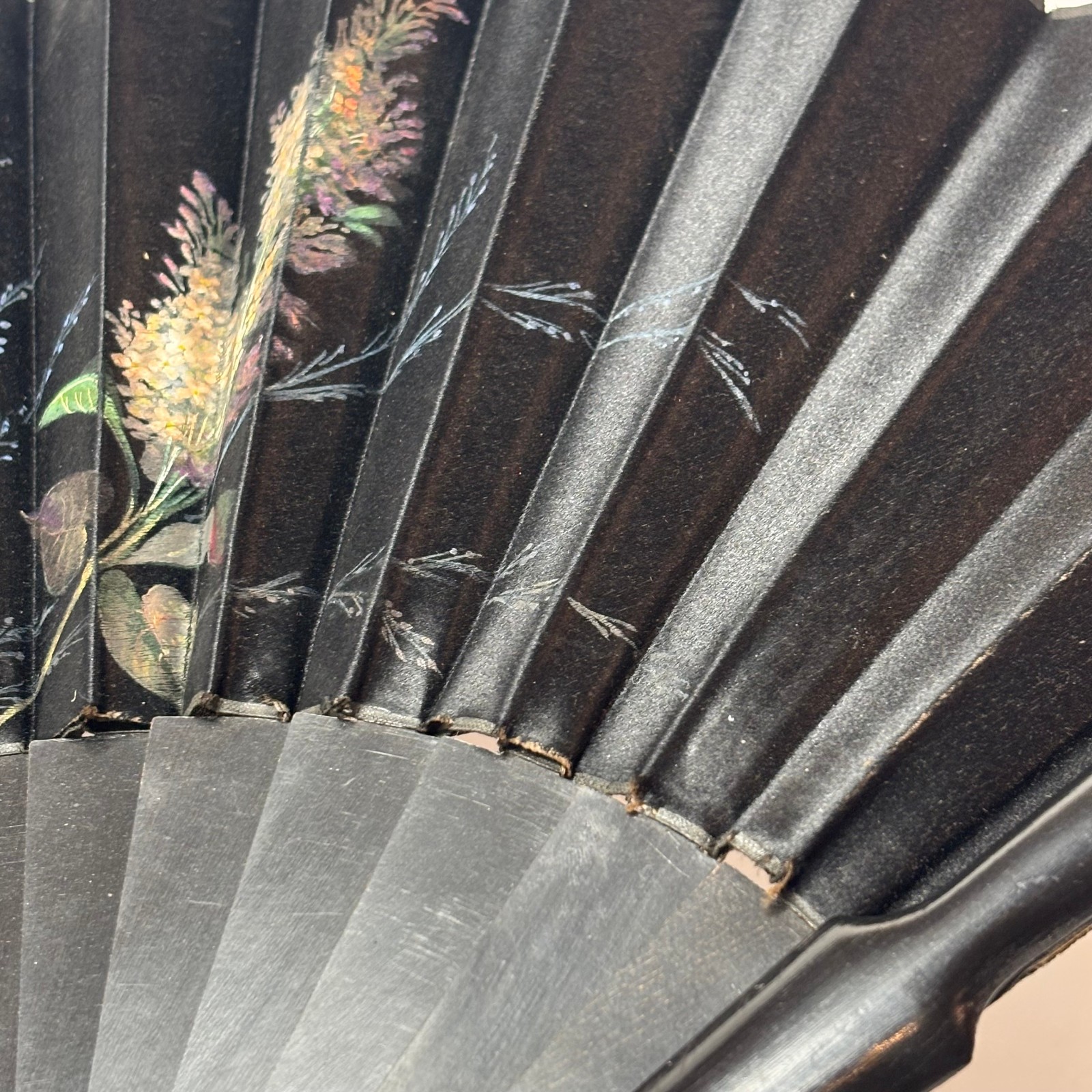 Victorian Mourning Fan Folding Black Satin Painted Flowers & Foliage Black Wood