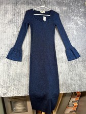 LOFT Sweater Dress Womens Small Blue Shimmer Ribbed Knit Bell Sleeve V Neck