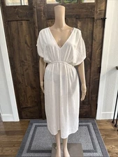 Grade & Gather Anthropolody Short Sleeve  Rayon Linen Midi Dress Beige Size Sm