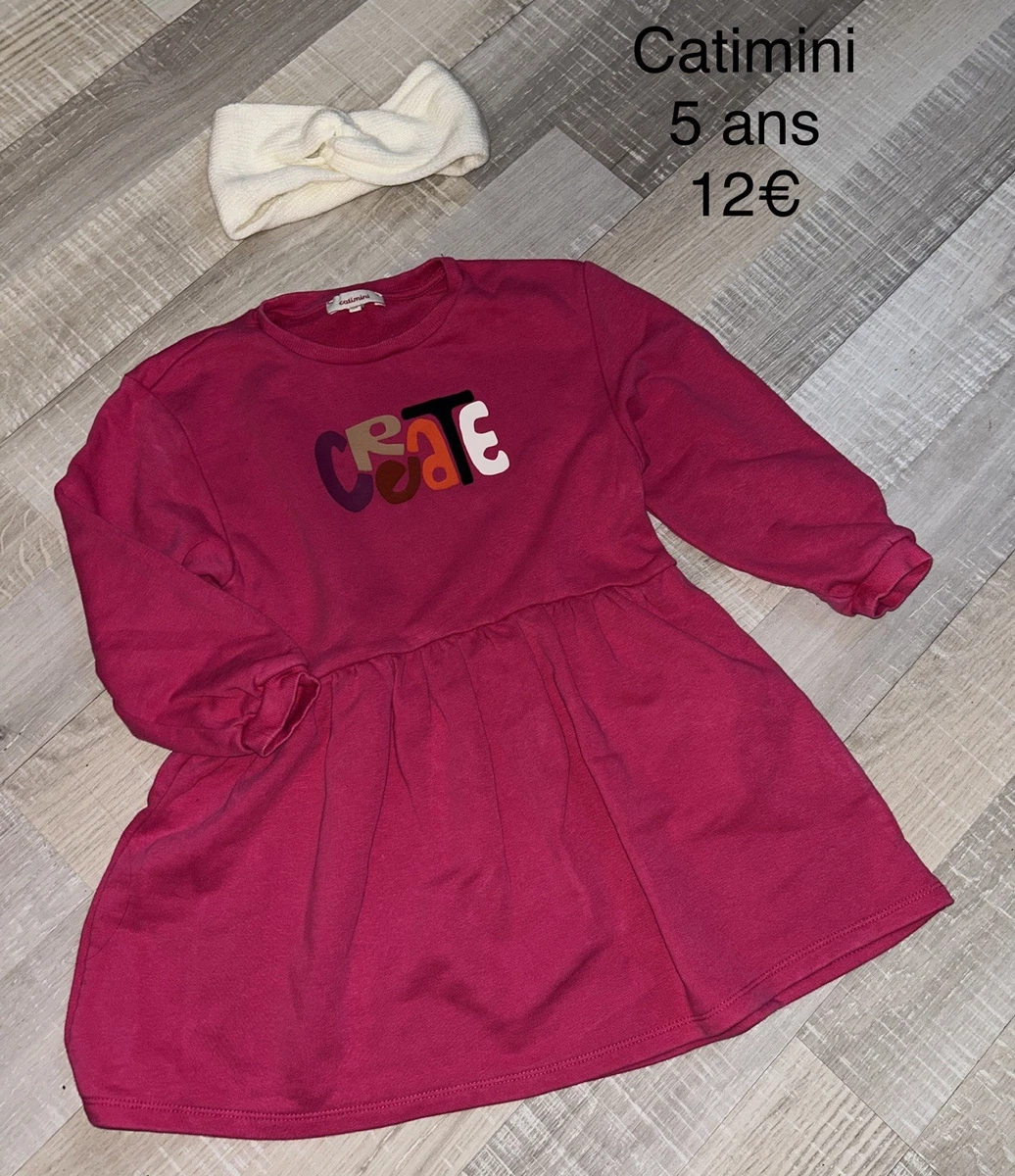 Robe Fille Catimini Taille 5-6 Ans - 100% Coton Manches Courtes Évasée - Occasion Très Bon État