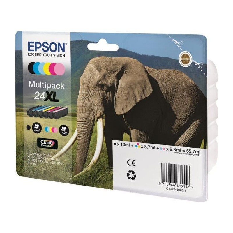 Cartouches Epson 24XL Multipack Eléphant pack de 6 encres noir et couleur d'origine