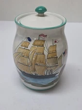 VTG Hand Painted  Crock Sailboat & American Flag Made In Italy Signed 7" Tall