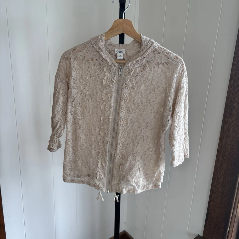 Sudadera con Capucha Cato Mujer M Beige Manga 3/4 Floral Encaje Cremallera Completa Boho Chic Cottagecore Foto 2 de 4