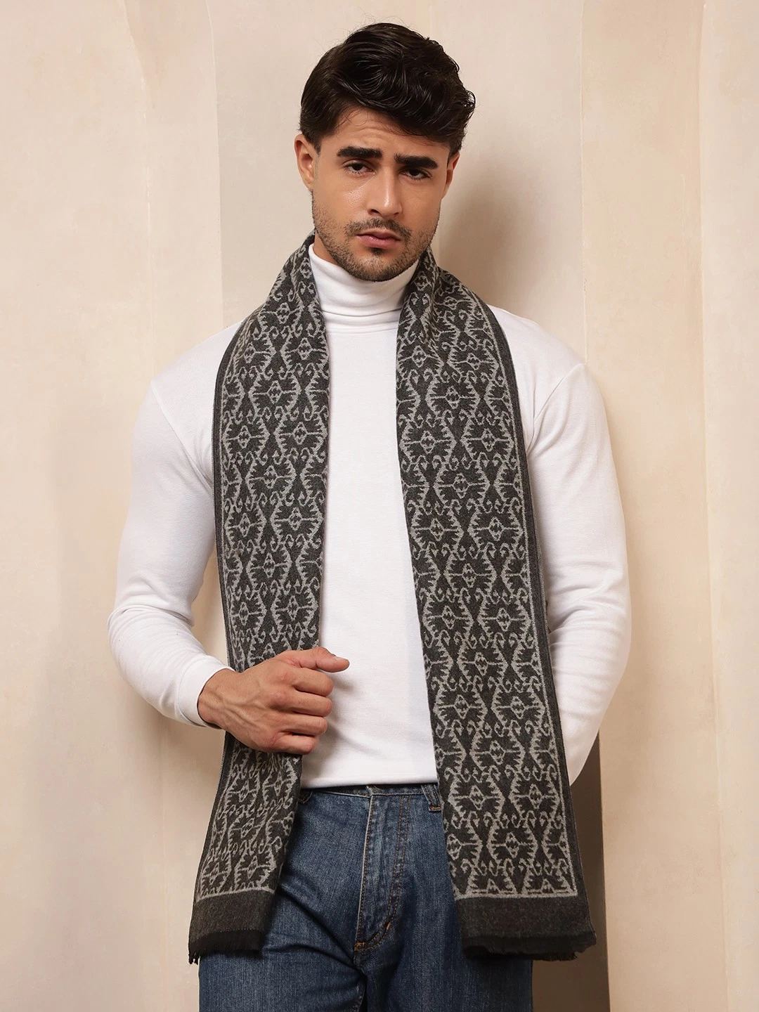 100% CASHMERE Scarf Check Gray Wrap Scarves Winter Warm Men scarf Windproof