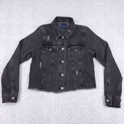 Just USA Cropped Denim Jacket Womens S Black Distressed Raw Hem Grunge Trendy
