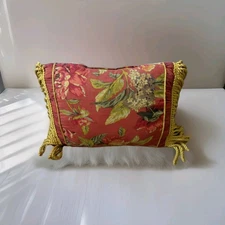 VTG Unknown  Damask Throw Pillow Red Flower Gold Tassel Fringe Elegance Decor 