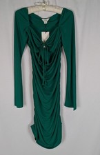 Alana Eve Size L Green Tie Front Ruched Dress Long Sleeve Cut Out Bodycon New