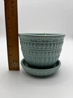 VINTAGE Turquoise McCoy Planter With Saucer Attached MCM Beaded & Ribbed As Is
