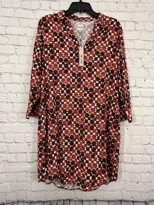 NIC+ZOE Dress Womens Medium Red Geometric Print Jersey Shift 3/4 Sleeve NEW