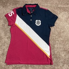 TOMMY HILFIGER POLO SHIRT YOUTH Size Medium Color Pink Blue Number 85 On Sleeve
