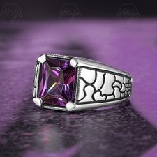 925 Sterling Silver Rectangle Shape Purple Amethyst Turkish Men's Ring