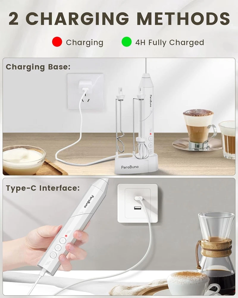 Milk Frother, 3 Speeds Frother Wand Electric Whisk with Charging Base, Type C Re