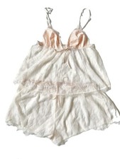Victoria Secret L Lingerie Set Babydoll Tank  Shorts White  Pink Lace Bride