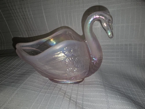 Fenton Pink Opalescent Swan Trinket Dish Stamped Fenton 4" Carnival Glass Vtg