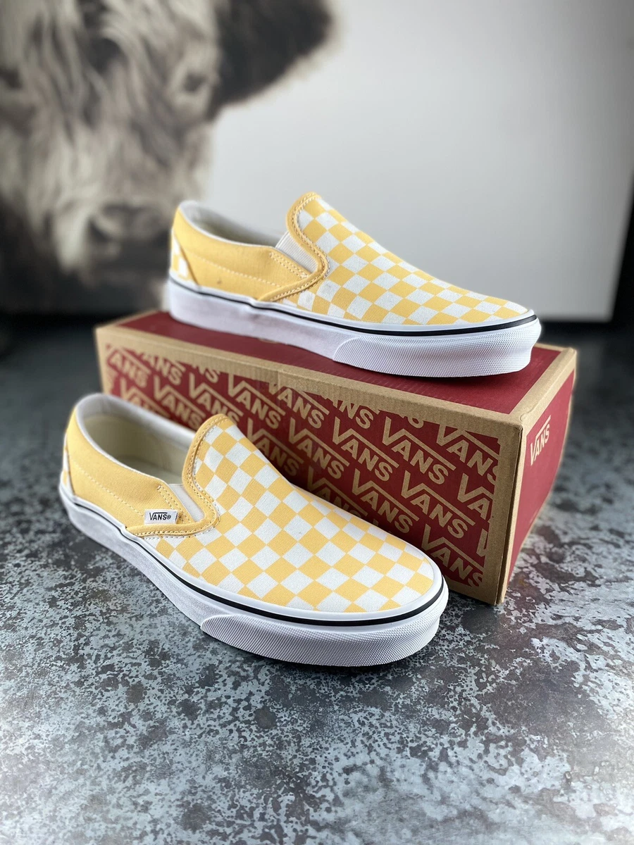 Lv yellow ochre checkered slip on vans