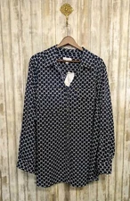 Charter Club Women's Button Down Top Roll Tab Navy Blue Gold Button Blouse 3X