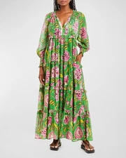 $345 NWOT Love the Label Tessa Green Pink Yellow Floral Tiered Maxi Dress SMALL