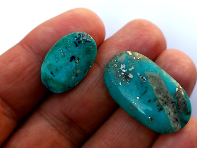 2 Pcs Stabilized Turquoise & Pyrite Cabochons, Large Quantity Available, 30 Cr