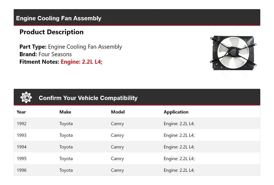 For 1992-1996 Toyota Camry 2.2L L4 Engine Cooling Fan Assembly 4 Seasons 1993 - Image 2 of 4
