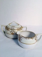 VINTAGE HAND PAINTED NIPPON CREAM & COVERED SUGAR SET GOLD GILDED ~ WELL MARKED