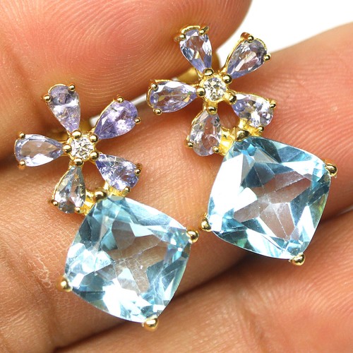Gemstone 11 x 11 mm. Sky Blue Topaz, Tanzanite & Zircon Earrings 925 Silver - Picture 2 of 4