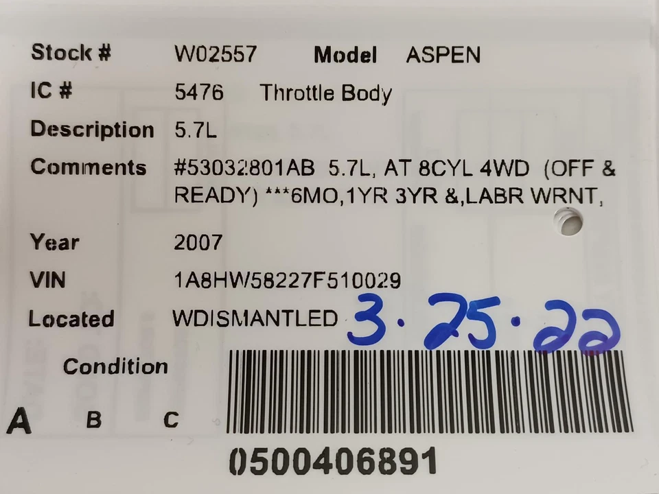 Used Fuel Injection Throttle Body fits: 2007 Chrysler Aspen 5.7 Grade A Foto 4 de 4